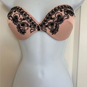 Pink Strapless Bra with Black Lace Detail